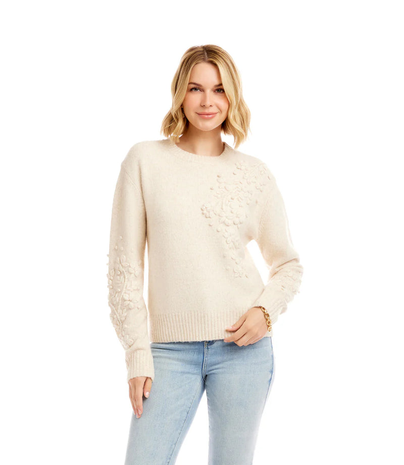 Karen Kane Hand Embroidered Flower Detail Sweater Light Oatmeal