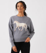 Karen Kane Equestrian Jacquard Crewneck Sweater Gray