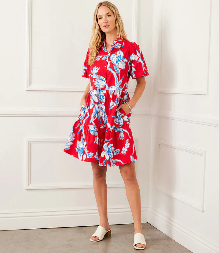 Karen Kane Puff Sleeve Tiered Shirt Dress Cherry