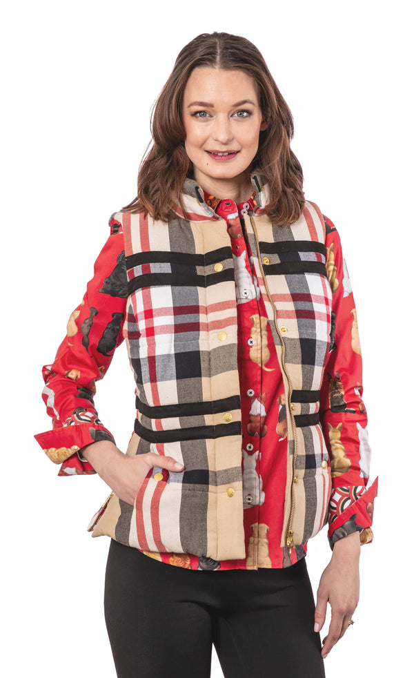 Dizzy Lizzie Rosey Vest Khaki Red Yard Dyed Flannel