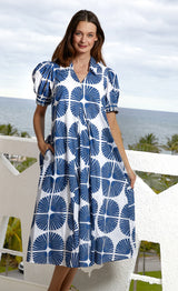 Dizzy Lizzie Montauk Dress Navy/White Palm Fronds