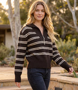 Karen Kane Stripe Half-Zip Sweater Chocolate with Cream