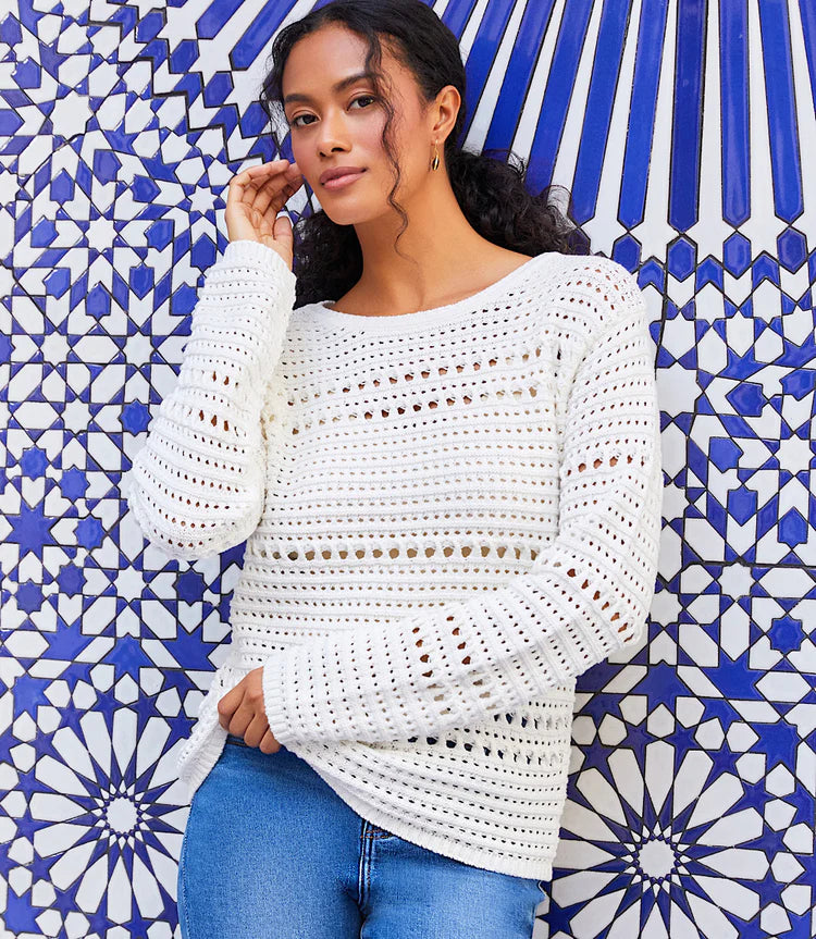 Karen Kane Boatneck Crochet Sweater Off White