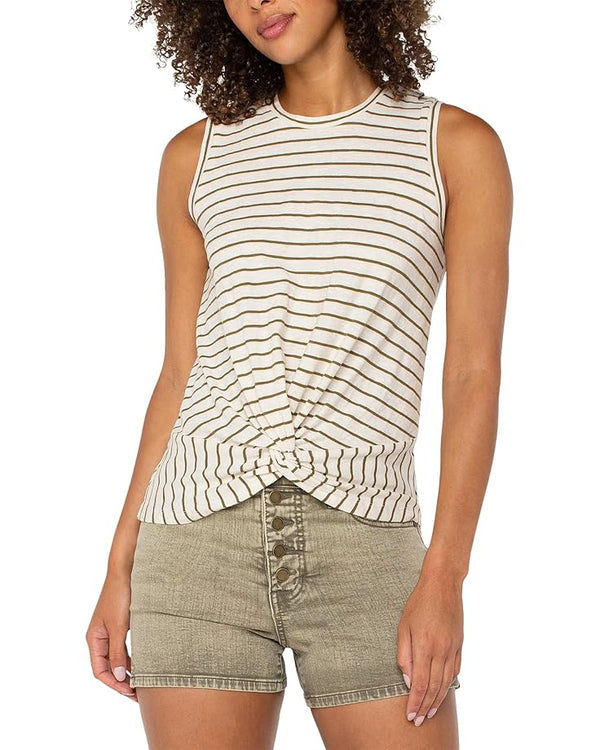 Liverpool Crew Neck Knit Tank With Front Twist Cream Olive Stripe