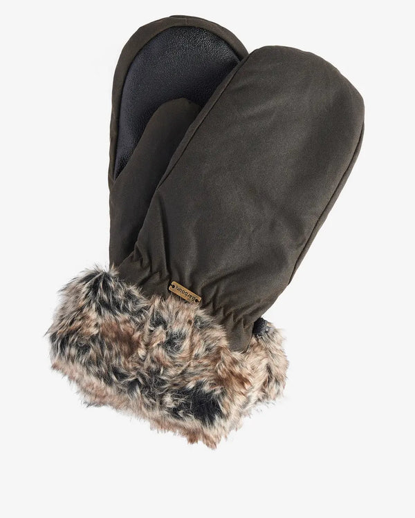 Barbour Waxed Faux-Fur Trim Mittens Olive