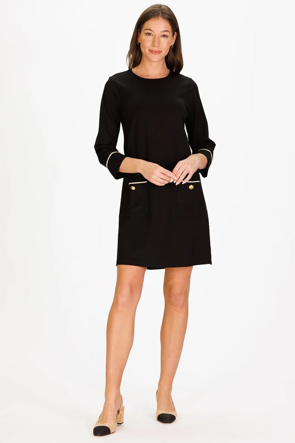illusion lace and chiffon a line wedding dress Duffield Lane Caitlyn Dress Black Ponte/Cream Suede XL / Black