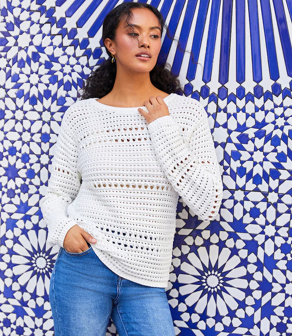 Karen Kane Boatneck Crochet Sweater Off White
