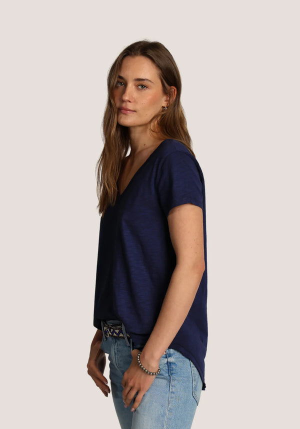 Dylan Shirt Tail V-Neck Tee with Raw Hem Midnight Blue