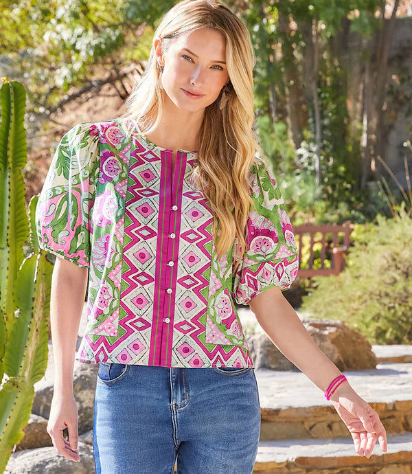 Karen Kane Puff Sleeve Button-Front Shirt Print