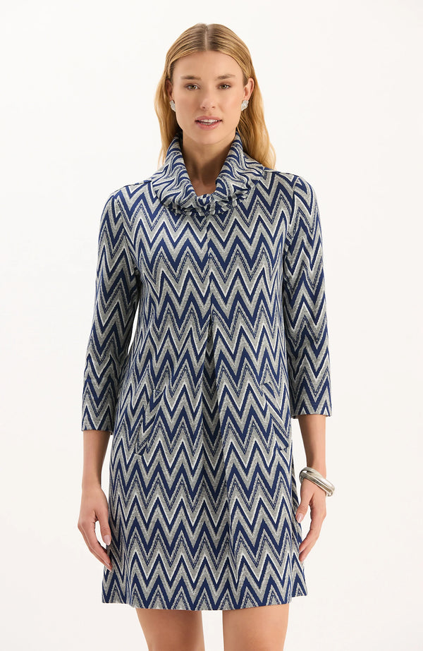 Tyler Boe Kim Knit Dress Blue Silver White Chevron
