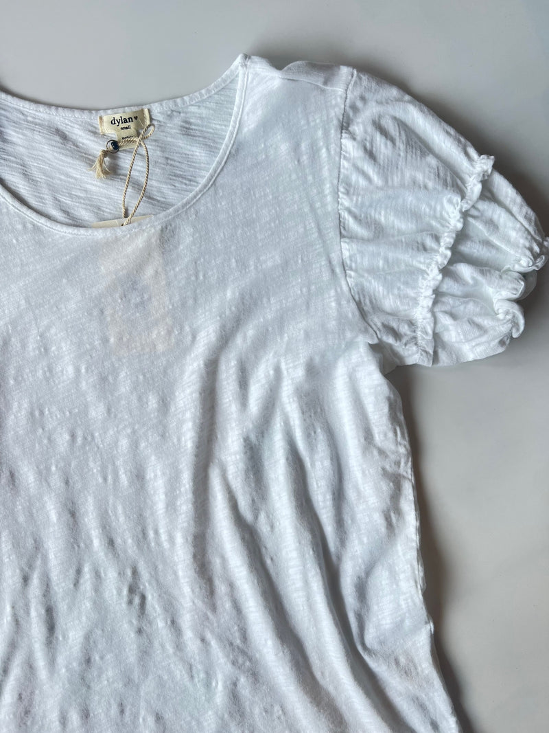 Dylan Crew Tee with Shirred Sleeve White