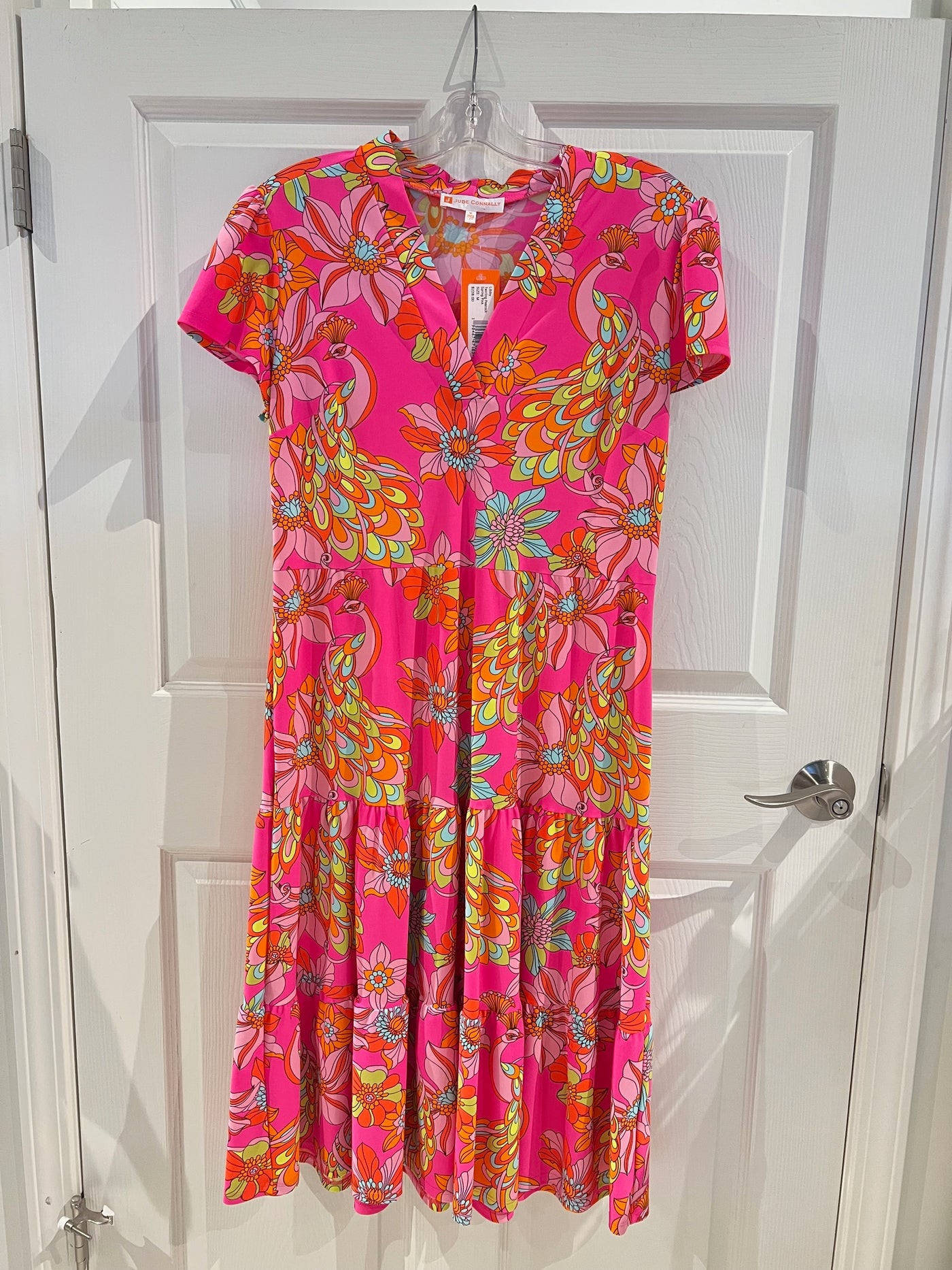 Jude Connally Libby Dress Lightweight Jude Cloth Twirling Peacock Spring Pink Jude Connally Libby Dress Lightweight Jude Cloth Twirling Peacock Spring Pink