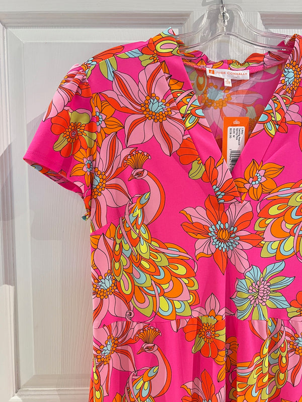 Jude Connally Libby Dress Lightweight Jude Cloth Twirling Peacock Spring Pink