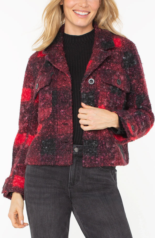 Liverpool Button Front Boxy Shacket Red/Black Buffalo Check Sherpa