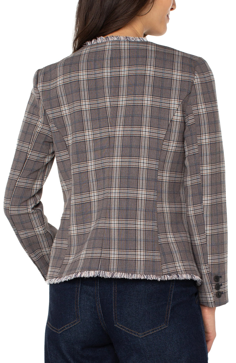 Liverpool Collarless Fitted Blazer W/ Fray Brown Navy Glen Check
