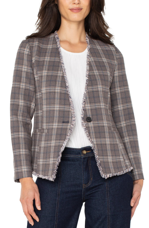 Liverpool Collarless Fitted Blazer W/ Fray Brown Navy Glen Check