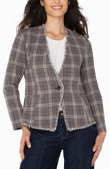 Liverpool Collarless Fitted Blazer W/ Fray Brown Navy Glen Check