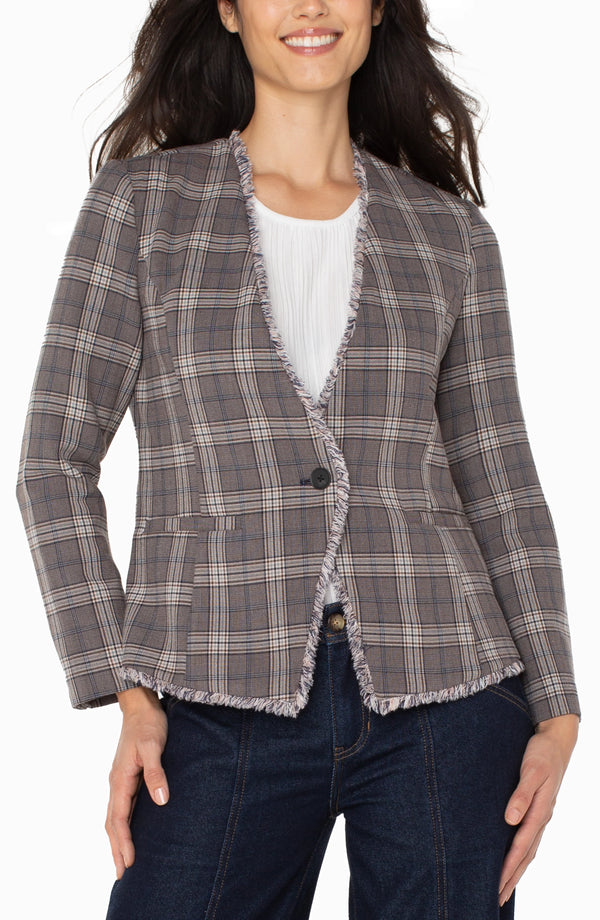 Liverpool Collarless Fitted Blazer W/ Fray Brown Navy Glen Check