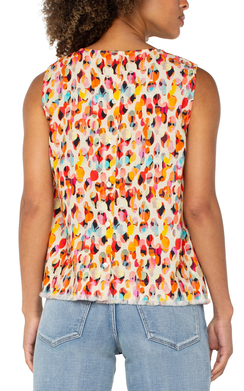 Liverpool Sleeveless Woven Top With Button Back Watercolor Dots Multi
