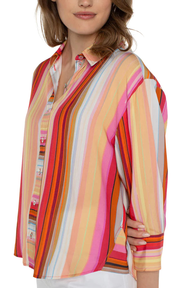 Liverpool Button Front Shirt with 3/4 Sleeve Berry Blossom Multi Stripe