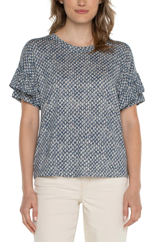 Liverpool 1/2 Sleeve Drop Shoulder Top with Ruffle Navy Textured Dots