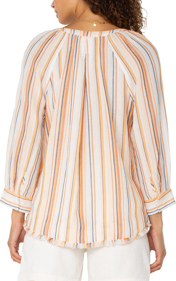 Liverpool 3/4 Sleeve Raglan Top With Fray Hem Orange Multi