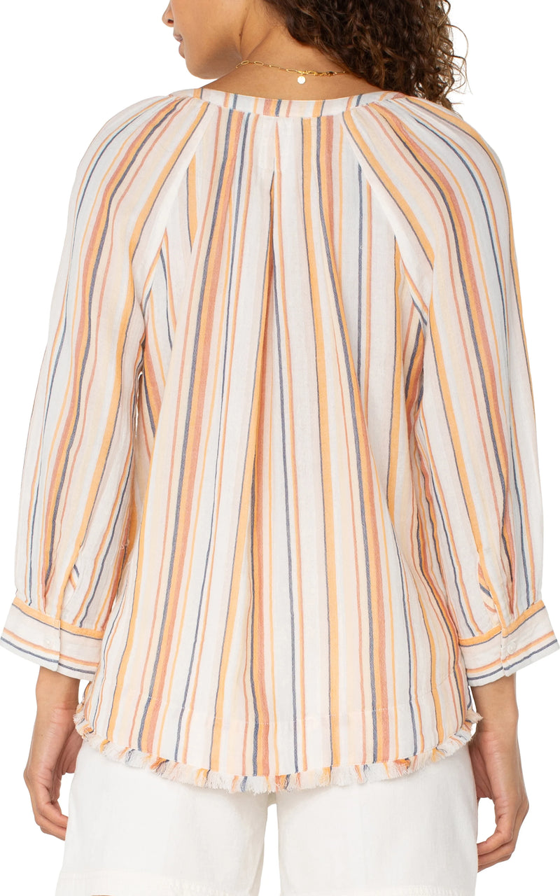 Liverpool 3/4 Sleeve Raglan Top With Fray Hem Orange Multi