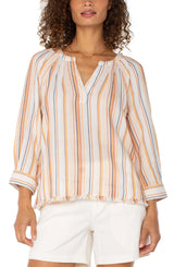 Liverpool 3/4 Sleeve Raglan Top With Fray Hem Orange Multi