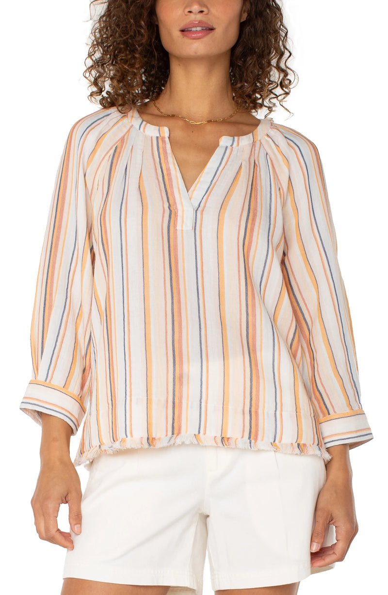 Liverpool 3/4 Sleeve Raglan Top With Fray Hem Orange Multi