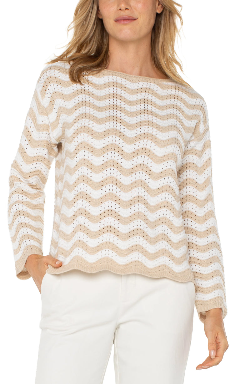 Liverpool Long Sleeve Boatneck Sweater Tan/Ivory Stripe