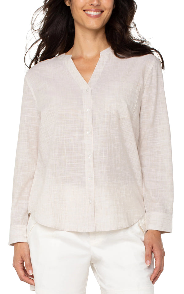 Liverpool Button Front Woven Shirt With Banded Collar Tan Crosshatch