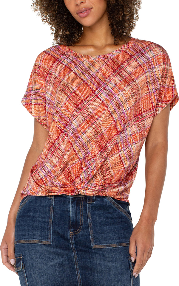 Liverpool Crew Neck Knit Top With Front Twist Clementine Multi Plaid