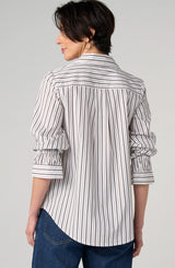 Liverpool Adjustable Sleeve Button Front Woven Top Cream With Espresso Stripe