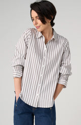 Liverpool Adjustable Sleeve Button Front Woven Top Cream With Espresso Stripe