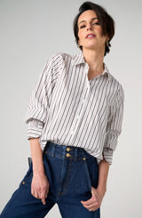 Liverpool Adjustable Sleeve Button Front Woven Top Cream With Espresso Stripe
