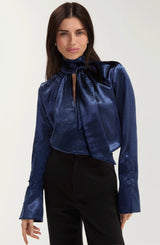 Liverpool Long Sleeve Woven Blouse W/ Back Necktie Sapphire Metallic