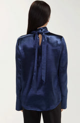 Liverpool Long Sleeve Woven Blouse W/ Back Necktie Sapphire Metallic