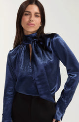 Liverpool Long Sleeve Woven Blouse W/ Back Necktie Sapphire Metallic