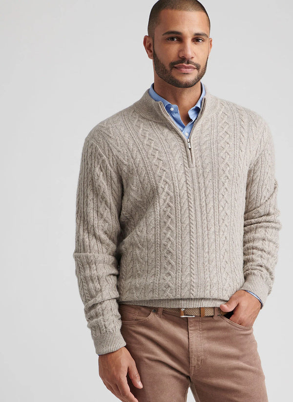 Peter Millar Crescent Ridge Cable Quarter-Zip Sweater LIGHT ELM
