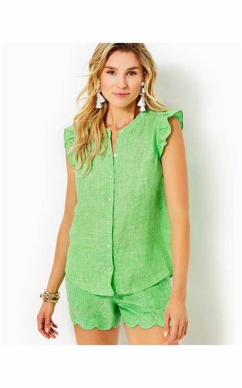 Lilly Pulitzer Briette Button Down Grecko Green X Resort White  *