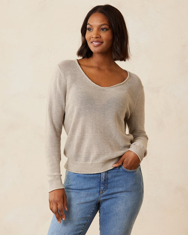 Tommy Bahama Cedar Linen Long Sleeve V-Neck Sweater Natural