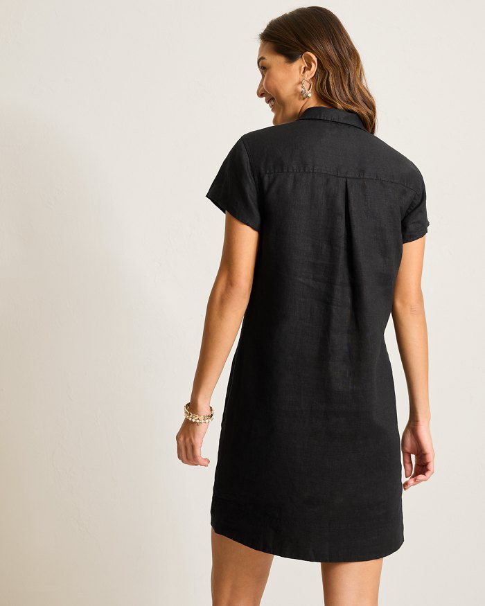 knee length dresses for ladies Tommy Bahama Two Palms Short-Sleeve Linen Dress Black S / Black