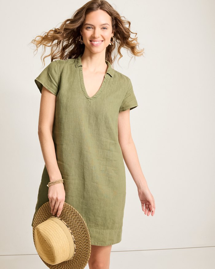Tommy Bahama Two Palms Short-Sleeve Linen Dress Dark Fern