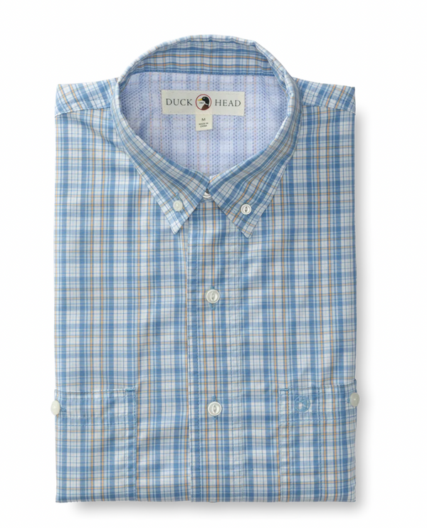 Duck Head Performance Poplin Guide Shirt Ellsworth Plaid in Lure Blue