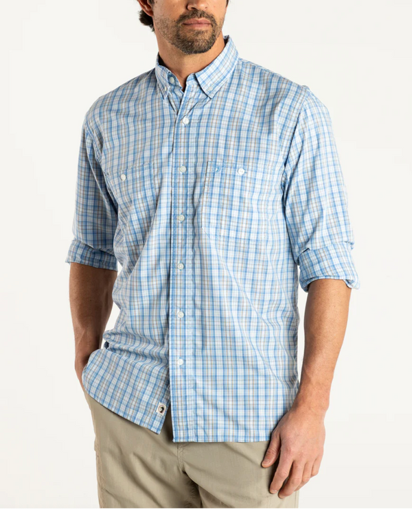 Duck Head Performance Poplin Guide Shirt Ellsworth Plaid in Lure Blue