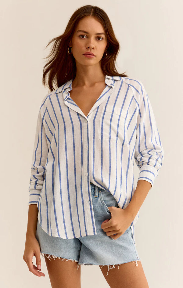 Z Supply The Perfect Linen Stripe Top Palace Blue Stripe