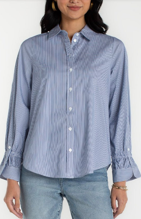 Liverpool Adjustable Sleeve Button Front Blouse Blue/White Mini Stripe