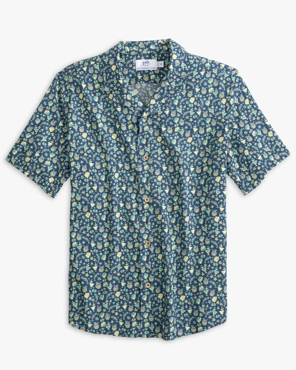 Southern Tide Bad and Boozy Camp Short Sleeve Button Down Sport Shirt in Aged Denim
