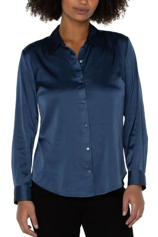 Liverpool Button Up Woven Blouse Shibori Blue