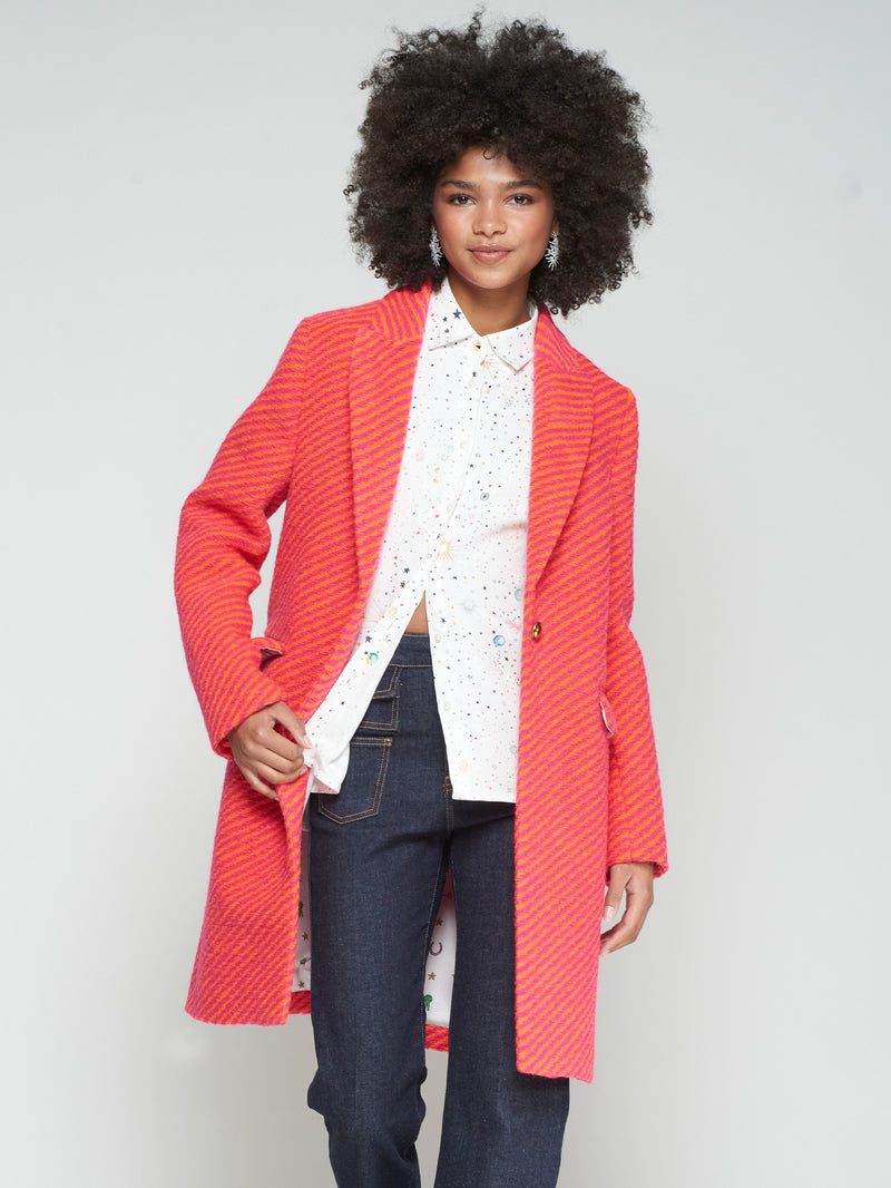 Vilagallo Pink & Orange Diagonal Striped Wool Coat